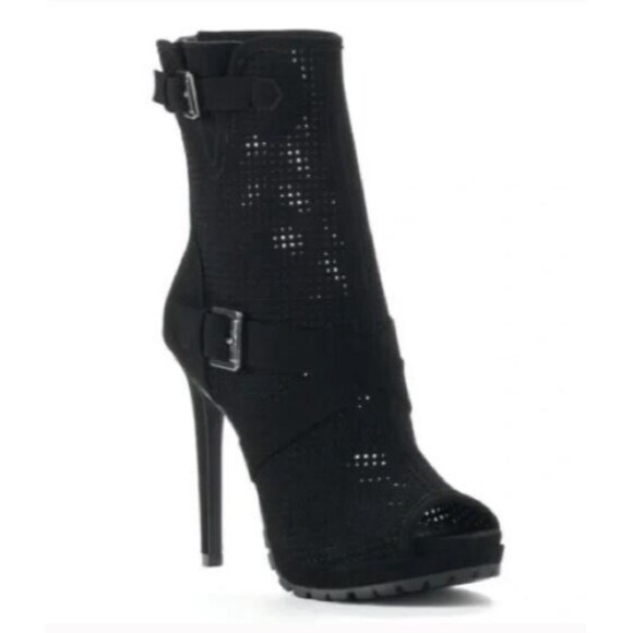 Juicy Couture Ankle Boots NWOB Fabia Black Perforated Peep Toe Platform Size 6.5 - Picture 1 of 11